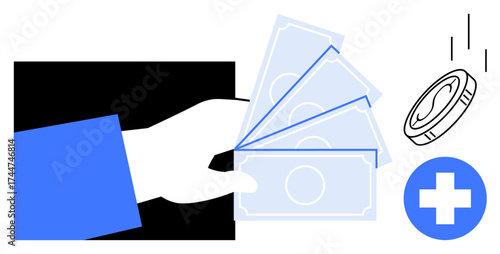 Outstretched hand with bills, falling coin, and cross element signifying financial support, healthcare, insurance, donations. Ideal for medicine, charity funding aid expenses economy. Simple flat