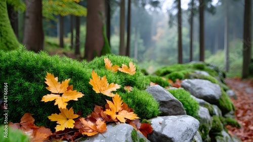 Autumn leaves resting on green forest moss and rocks