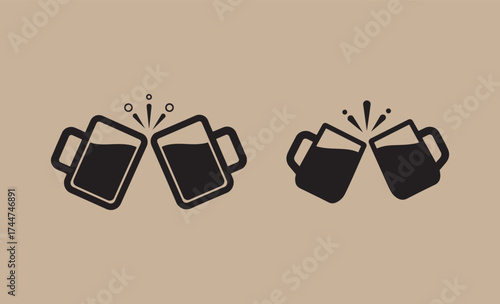 Two pairs of beer mugs clinking together for a toast celebration