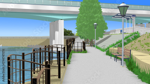 Quadro su tela CG画像,3D,アニメーションの背景,背景画,海岸,青い海,空,道,自然,風景,景色,木,日本,屋外,晴れ,日本晴れ,緑,木,海原,夏の思い出,広い,高速道路,