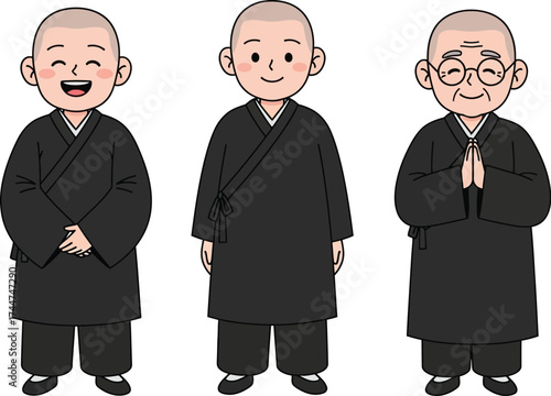 Three cartoon buddhist monks in different life stages vector