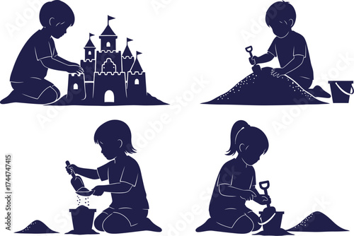 Children playing with sand summer vacation sandcastle vector