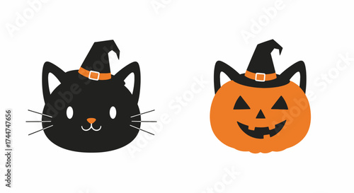 Set of cute Halloween characters with a black cat and jack-o-lantern pumpkin wearing witch hats. Adorable flat vector illustrations for holiday design