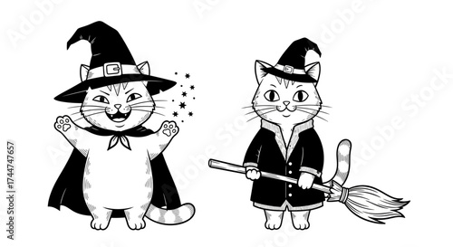 A cute pair of cartoon cats dressed as witches for Halloween. One cat casts a magical spell while the other holds a broomstick. Black and white vector set