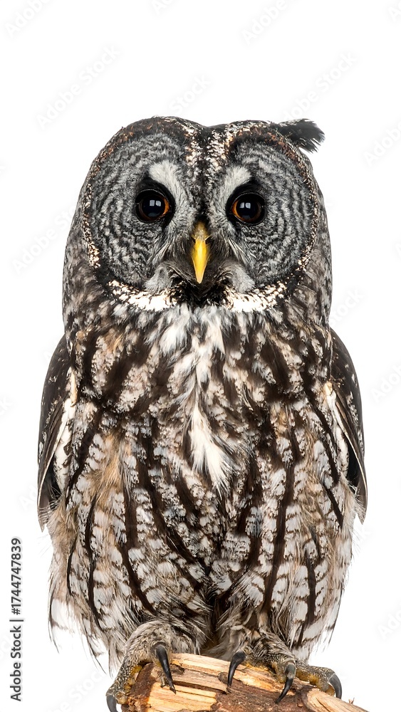 Obraz premium Close-up of an owl, gray and brown plumage, perched