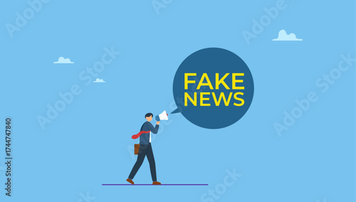Businessman holding megaphone talking or telling fake news. Fake news or misleading information that people share on social media and internet.