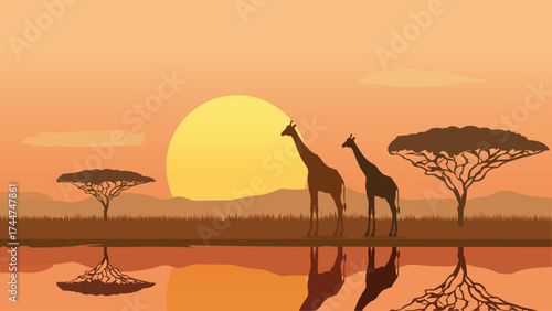 Golden Horizon African Wildlife Silhouette at Sunset