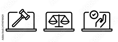 Icon of of legal tech digital law online justice and cybersecurity regulation intersection of law and technology laptop with gavel balance scale concepts
