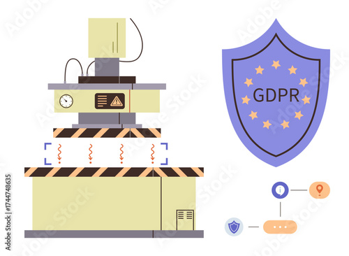 Data processing machine with safety marks and GDPR shield with stars. Ideal for privacy, security, data protection, compliance, regulation, legal concepts, and tech ethics. Simple flat metaphor