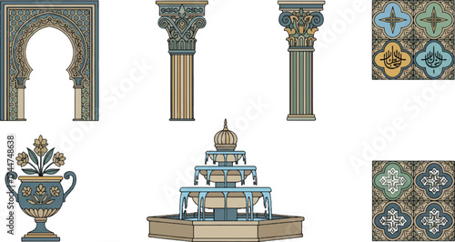 Vector art of islamic architectural elements and decorative objects
