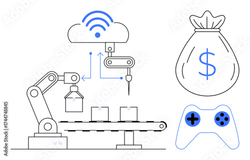 Robotic arm automating conveyor production, cloud connectivity symbolizing IoT, money bag for financial growth, and gaming controller for technology crossover. Ideal for technology, innovation
