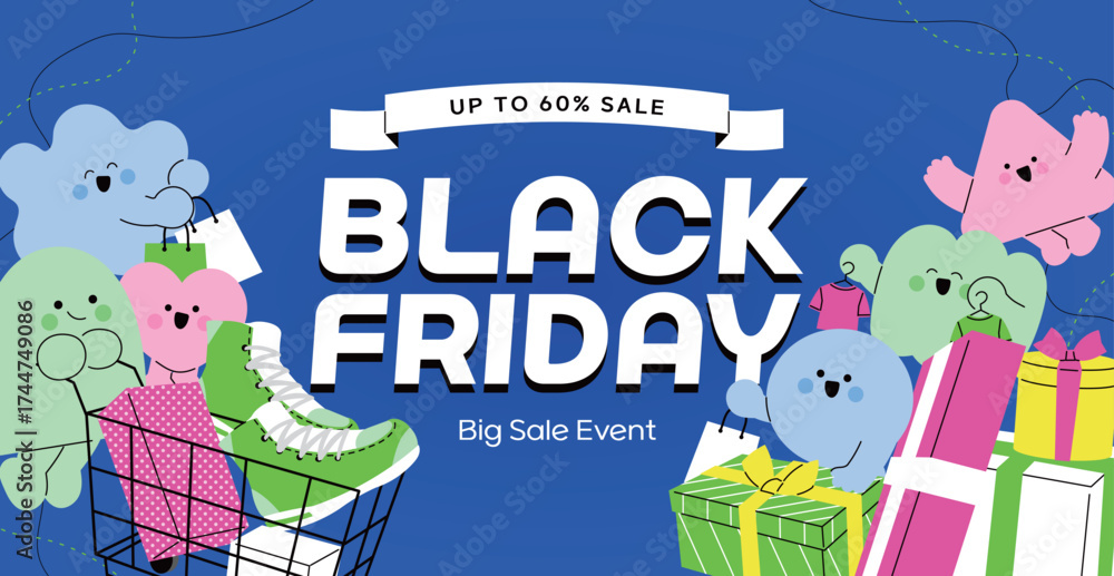 Obraz premium 파란색 블랙프라이데이 캐릭터 일러스트 안내