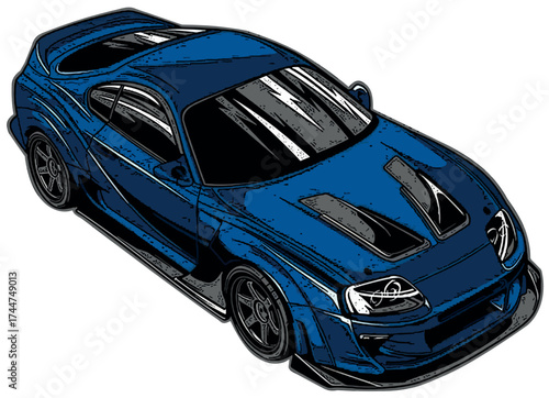 Vector illustration of a blue modified sports car with an aerodynamic body kit, detailed reflections, and aggressive styling.