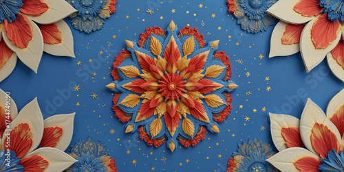 mandala pattern in a paper-cut style, featuring Indian-inspired designs in vibrant red and yellow, set against a deep blue background scattered with shimmering golden glitter stars