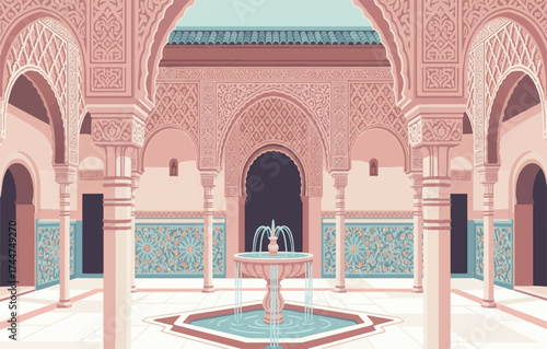 Vector art of ornate moorish courtyard with fountain and intricate arches