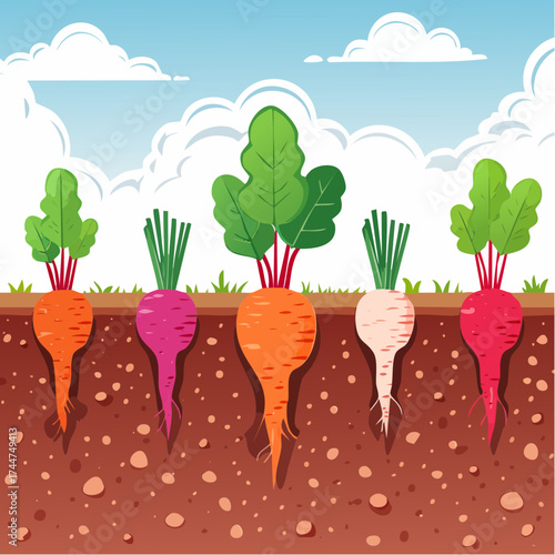 Vegetable roots in soil, underground. Flat vector illustration isolated on white background