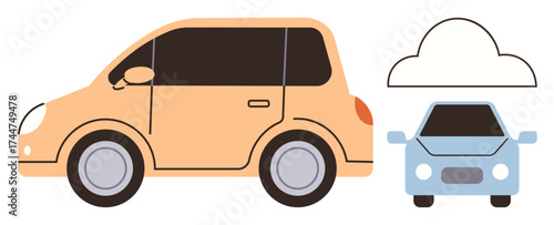 Orange and blue cars in side and front views, paired with a simple cloud shape. Ideal for transportation, travel, eco-friendly concept, car sharing, urban planning, minimalism technology. Simple