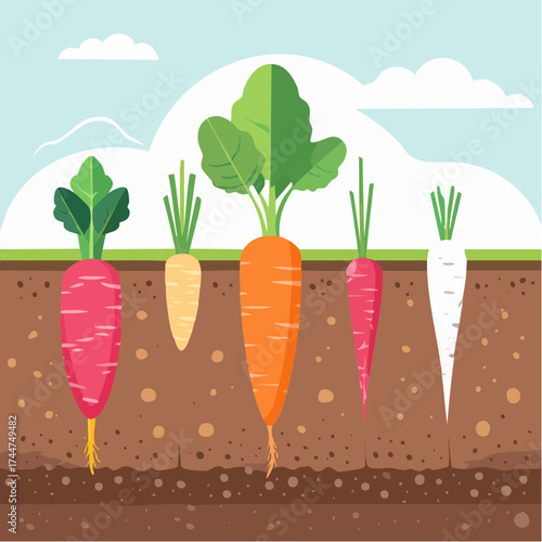 Vegetable roots in soil, underground. Flat vector illustration isolated on white background