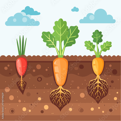 Vegetable roots in soil, underground. Flat vector illustration isolated on white background