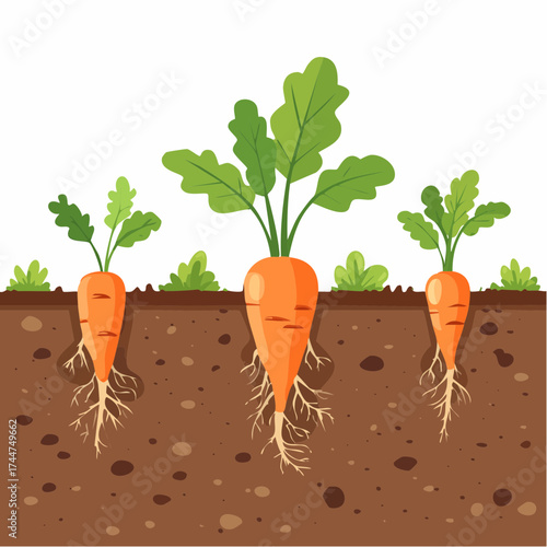 Vegetable roots in soil, underground. Flat vector illustration isolated on white background