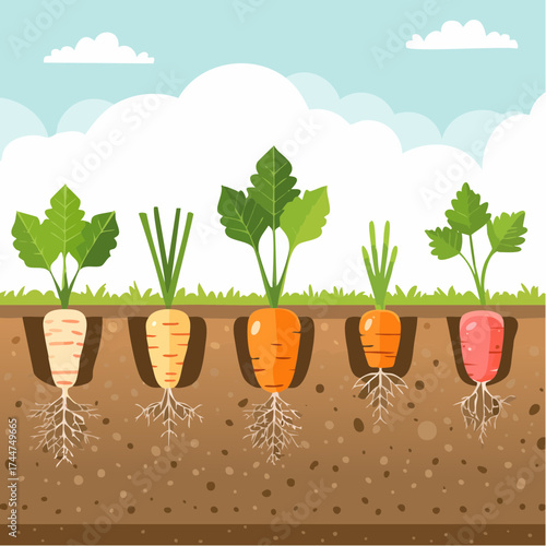Vegetable roots in soil, underground. Flat vector illustration isolated on white background