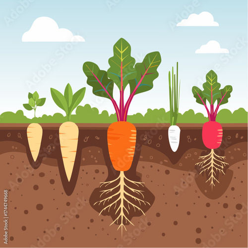Vegetable roots in soil, underground. Flat vector illustration isolated on white background
