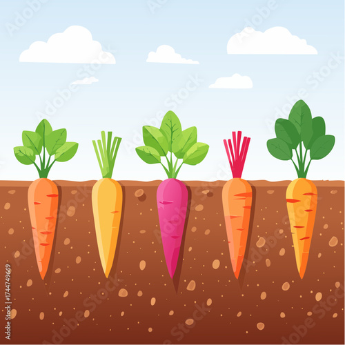 Vegetable roots in soil, underground. Flat vector illustration isolated on white background