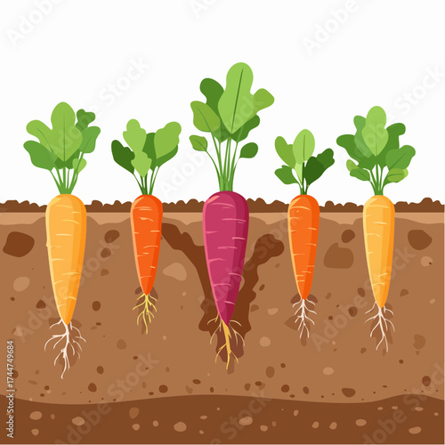 Vegetable roots in soil, underground. Flat vector illustration isolated on white background