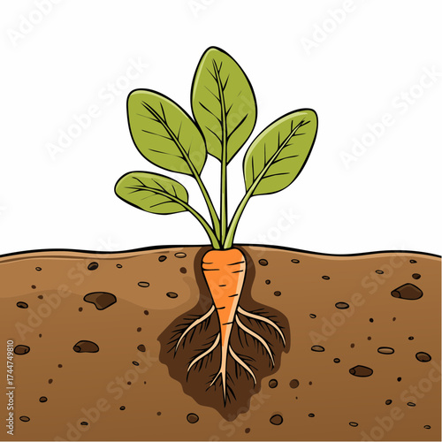 Vegetable roots in soil, underground. Flat vector illustration isolated on white background