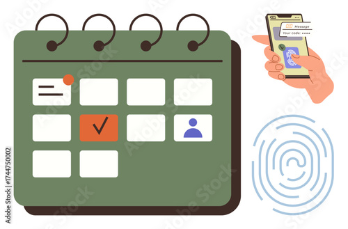 Calendar with marked events, hand holding phone with security code, fingerprint scanner. Ideal for planning, security, access control, organization, privacy authentication technology. Clear simple