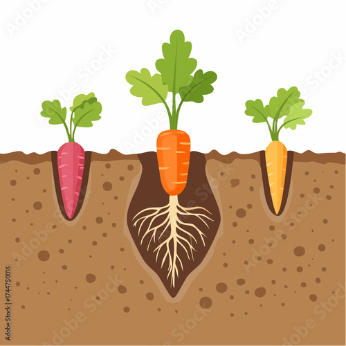 Vegetable roots in soil, underground. Flat vector illustration isolated on white background