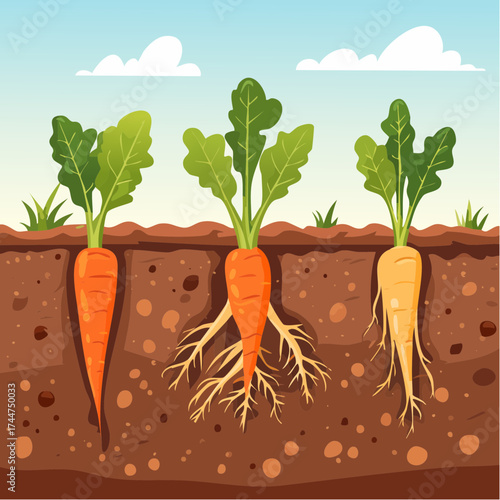Vegetable roots in soil, underground. Flat vector illustration isolated on white background