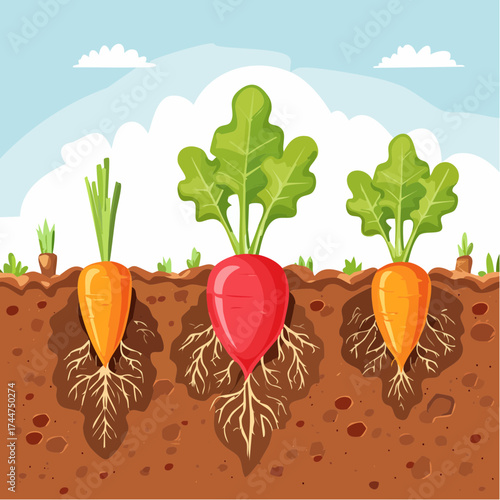 Vegetable roots in soil, underground. Flat vector illustration isolated on white background