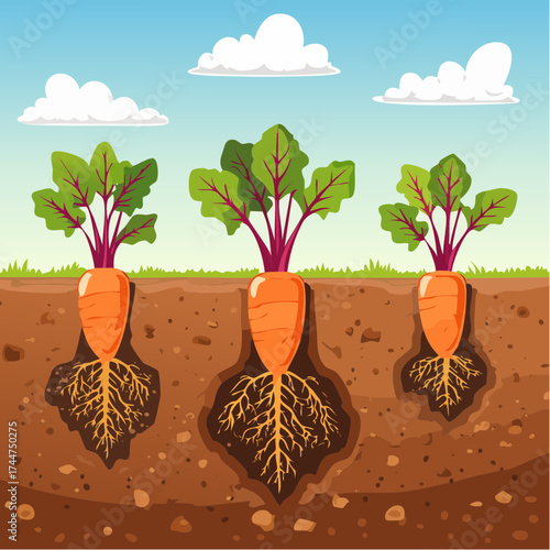 Vegetable roots in soil, underground. Flat vector illustration isolated on white background