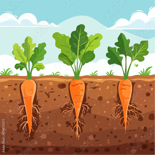 Vegetable roots in soil, underground. Flat vector illustration isolated on white background