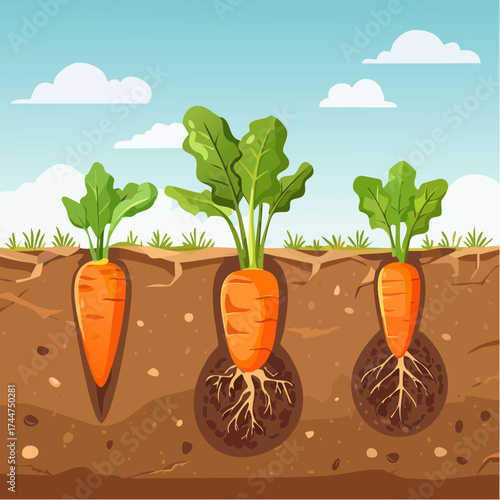 Vegetable roots in soil, underground. Flat vector illustration isolated on white background
