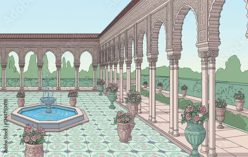 Vector art of moorish courtyard with arches, fountain, and potted plants