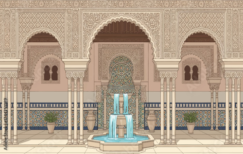Vector art of ornate moorish courtyard with arches and a central fountain