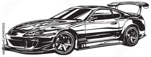 Vector illustration of a sleek black and white sports car with aerodynamic design, wide body kit, and large rear spoiler.