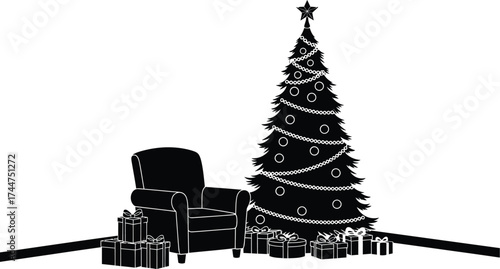 Cozy armchair awaits by a beautifully decorated Christmas tree, surrounded by festive gifts.
