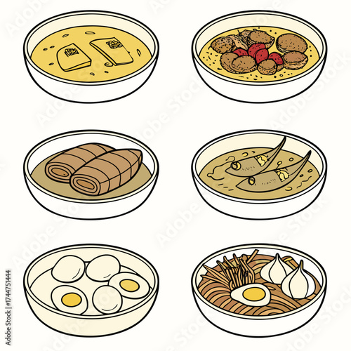 Vector illustration of six traditional asian food dishes in bowls