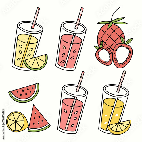 Refreshing fruit drinks vector illustration featuring juices and slices