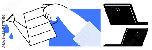 Hand pouring water from watering can toward laptops, representing nurturing ideas, growth, and digital care. Ideal for innovation, technology, education, development, sustainability strategy