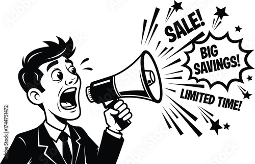 Excited businessman shouting through megaphone announcing big savings and limited time sale