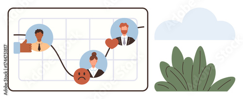Graph displaying employee emotions, feedback icons thumbs up thumbs-up and heart, and a declining-then-improving trend line. Ideal for teamwork, leadership, analytics, emotions, performance