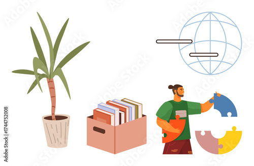 Man arranges colorful puzzle pieces, box of books, potted plant, symbol of global communication. Ideal for teamwork, problem-solving, knowledge sharing, education, sustainability global