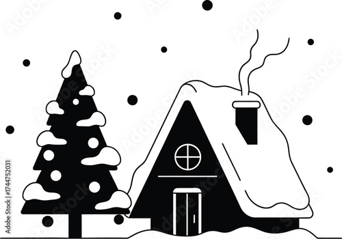 Cozy snow-covered cabin nestled beside a winter tree with falling snowflakes.