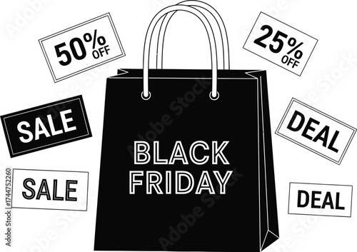 Black Friday shopping bag surrounded by sale and discount signs, representing holiday deals and savings.