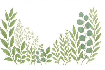 Watercolor botanical composition with green foliage and eucalyptus branches, creating a delicate floral border art