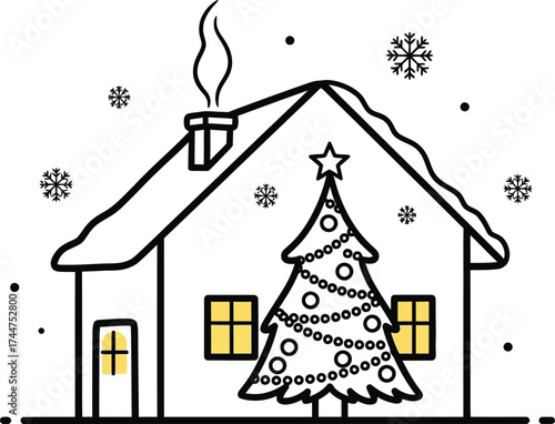 Cozy, snow-covered house with a decorated Christmas tree glowing warmly inside during a gentle snowfall.